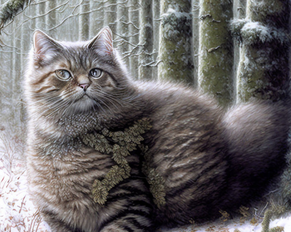 Tabby cat with piercing eyes in snowy forest with green leafy branch