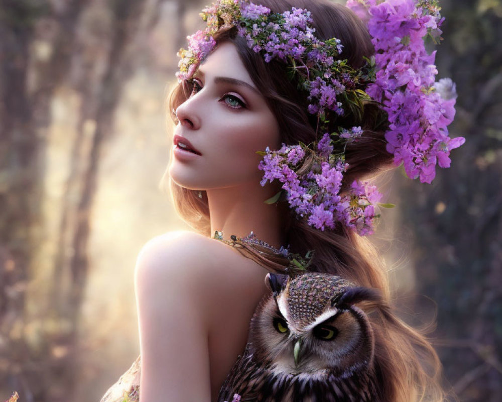Woman with Floral Crown and Owl in Woodland Scene