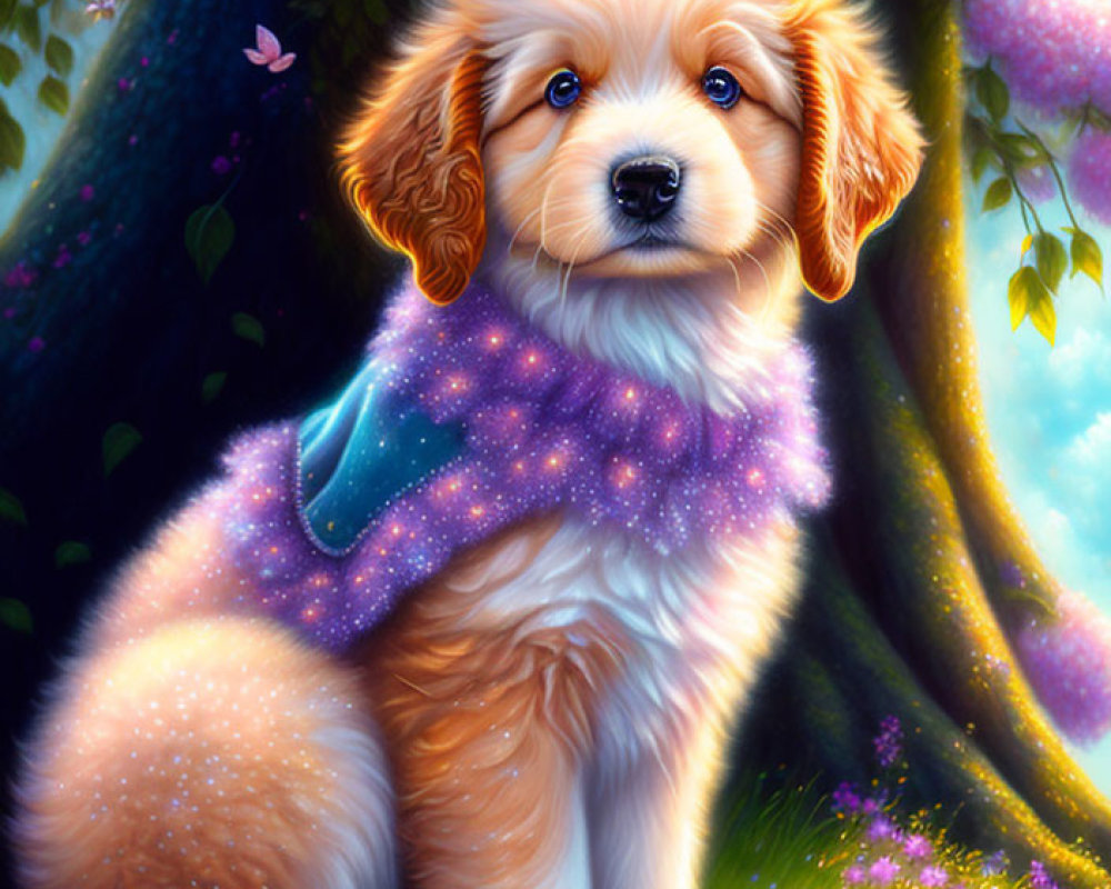 Fluffy golden puppy with blue cape under pink blossoms