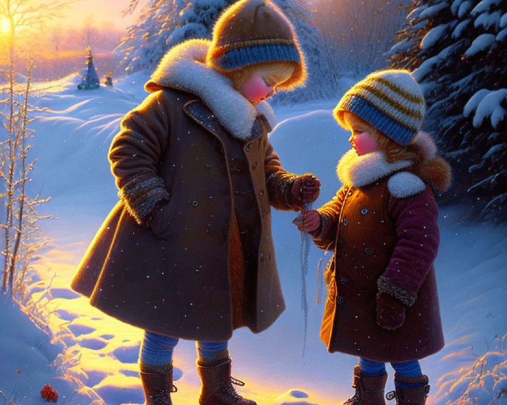 Children in Winter Clothing Share a Moment in Snowy Sunset Landscape