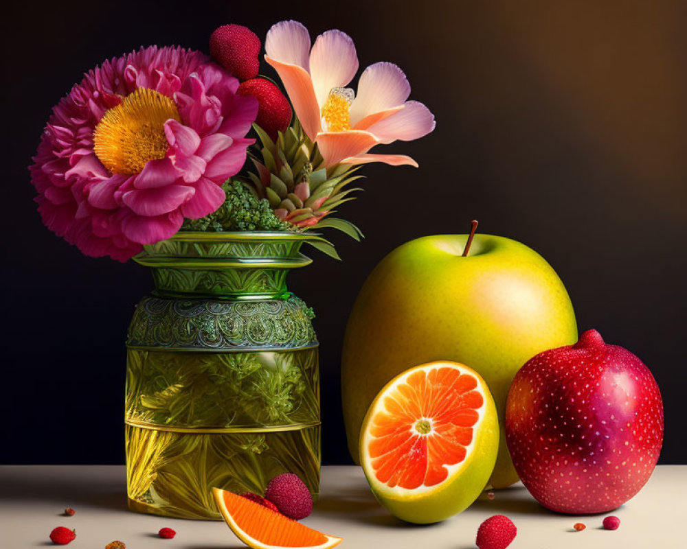 Colorful Flower Bouquet in Green Vase with Fresh Fruits and Berries