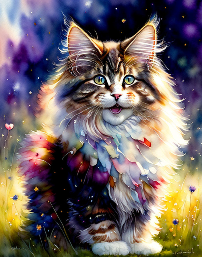 Colorful Watercolor Painting of Fluffy Multicolored Cat