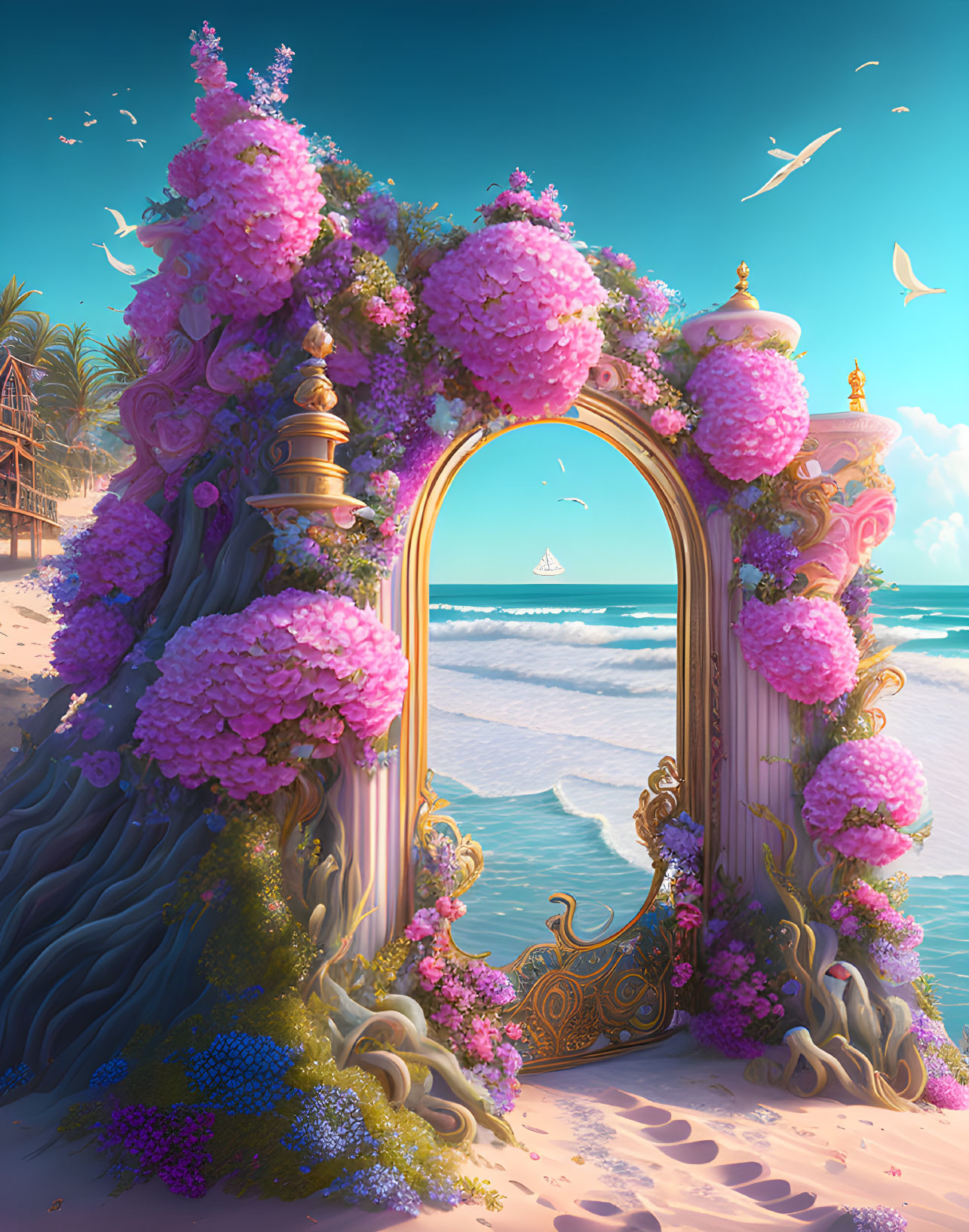 Golden archway with pink flowers by serene beach & sailboat.