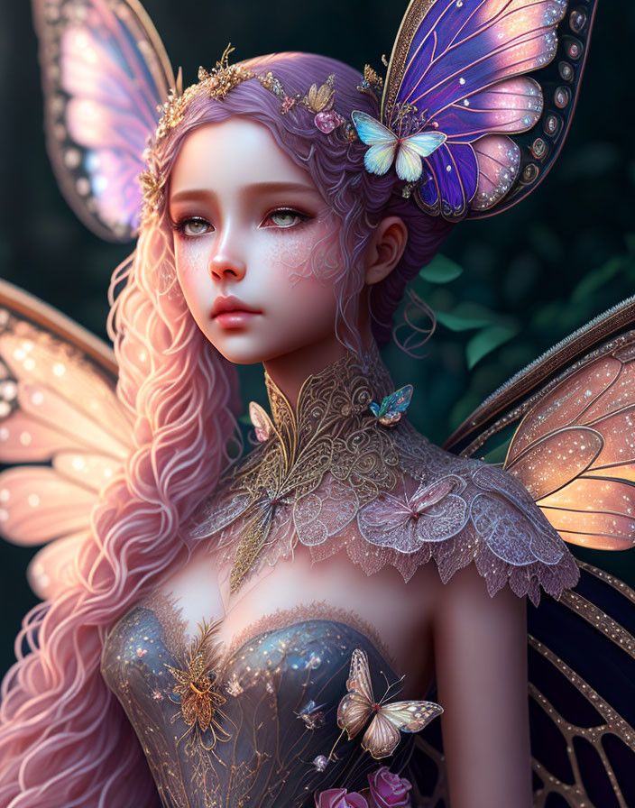 Ethereal fairy digital artwork with delicate wings and pink wavy hair