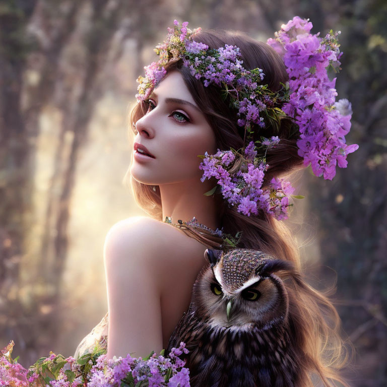 Woman with Floral Crown and Owl in Woodland Scene