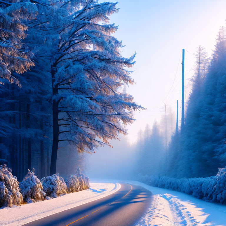 Winter road flanked by frost-covered trees in morning light