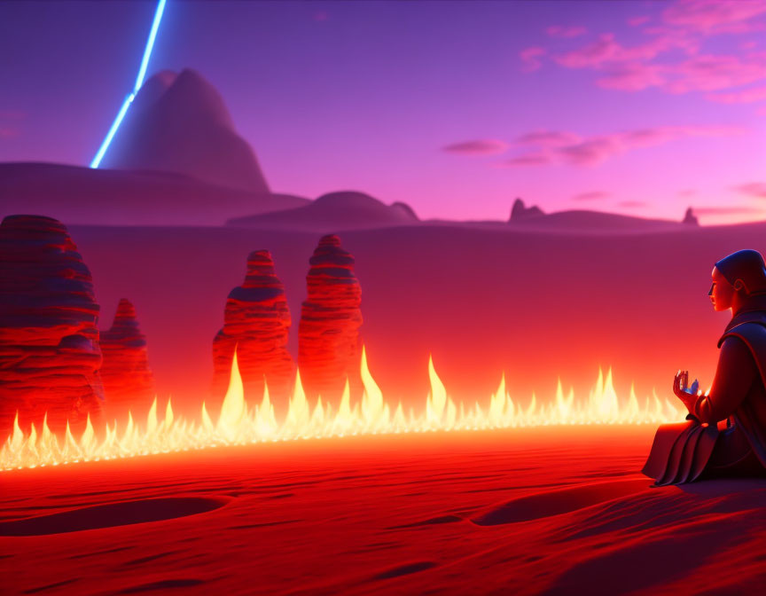 Stylized animated character meditating in desert with red sand, fire line, and blue beam under