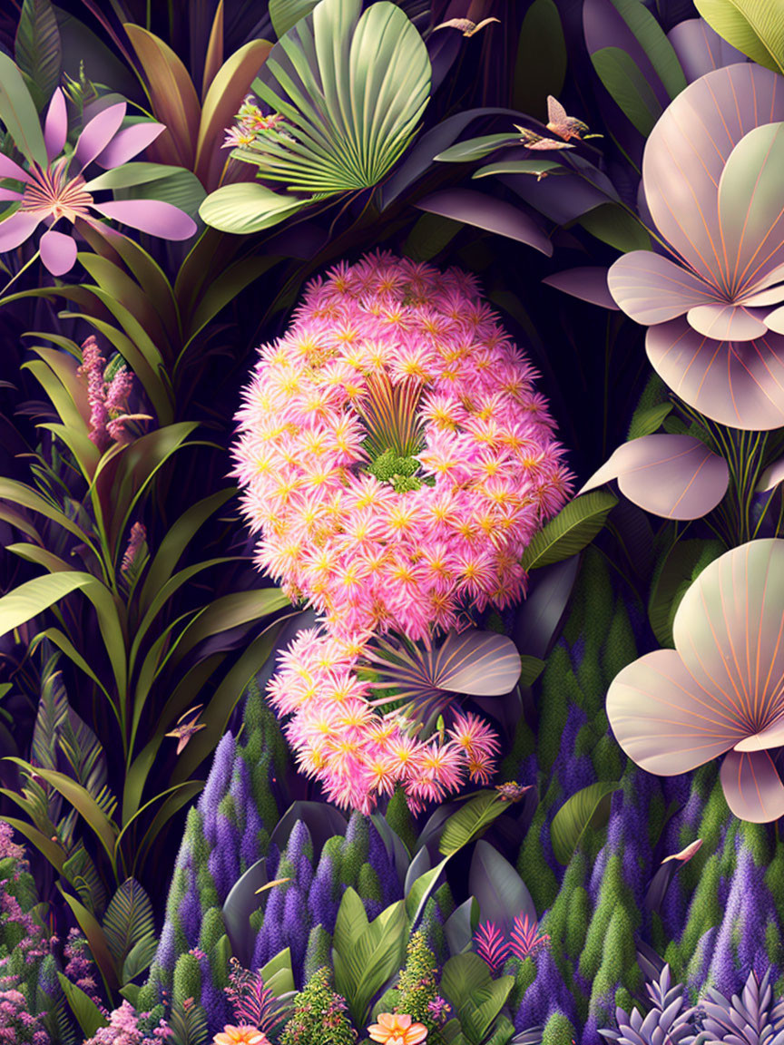 Colorful digital art: Human silhouette made of pink flowers in lush tropical setting