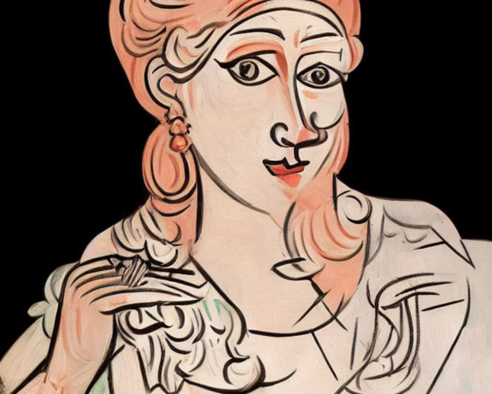 Stylized portrait of a woman with pink cheeks, defined lips, and wavy hair in a