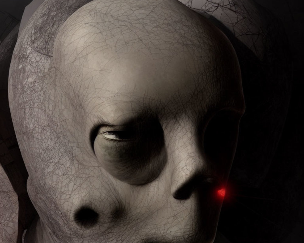 Surreal alien face with bald head, gray skin, deep-set eyes, glowing red eye.