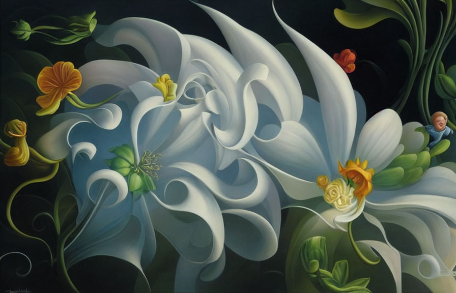 Stylized white flowers in surreal painting with vibrant orange and yellow blooms