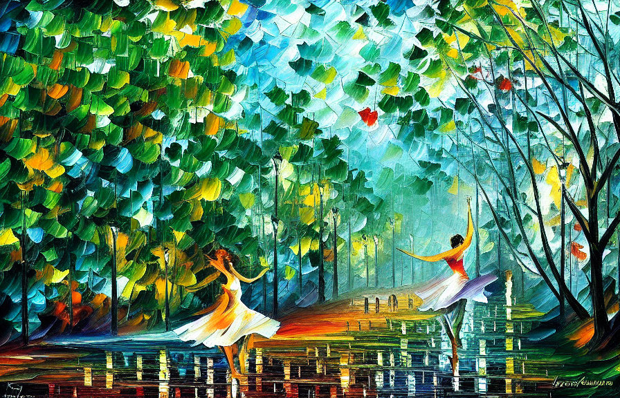Colorful Painting: Two Dancers in Whimsical Forest Setting