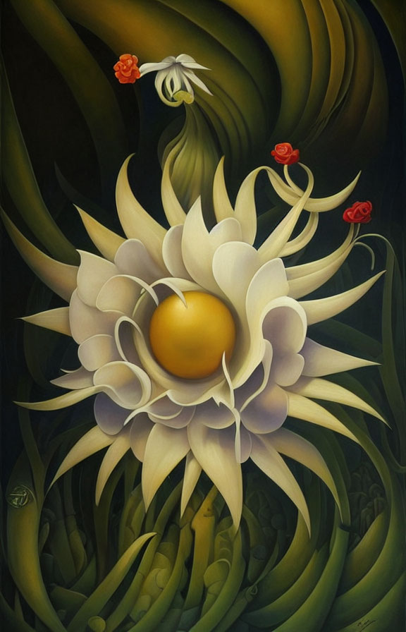 Surreal painting: Large white flower, golden center, dark green foliage, red flowers, cur