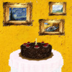 Chocolate Birthday Cake with Candles Surrounded by Van Gogh Paintings