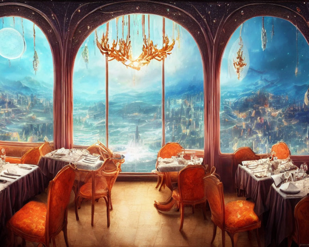 Luxurious Dining Room with Moonlit Fantasy Landscape View