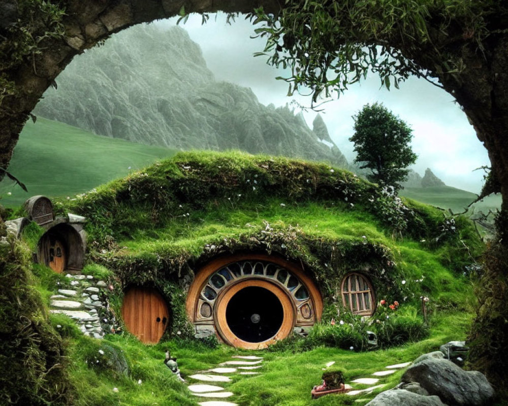 Round-doored hobbit house in green landscape with mountains viewed through arch
