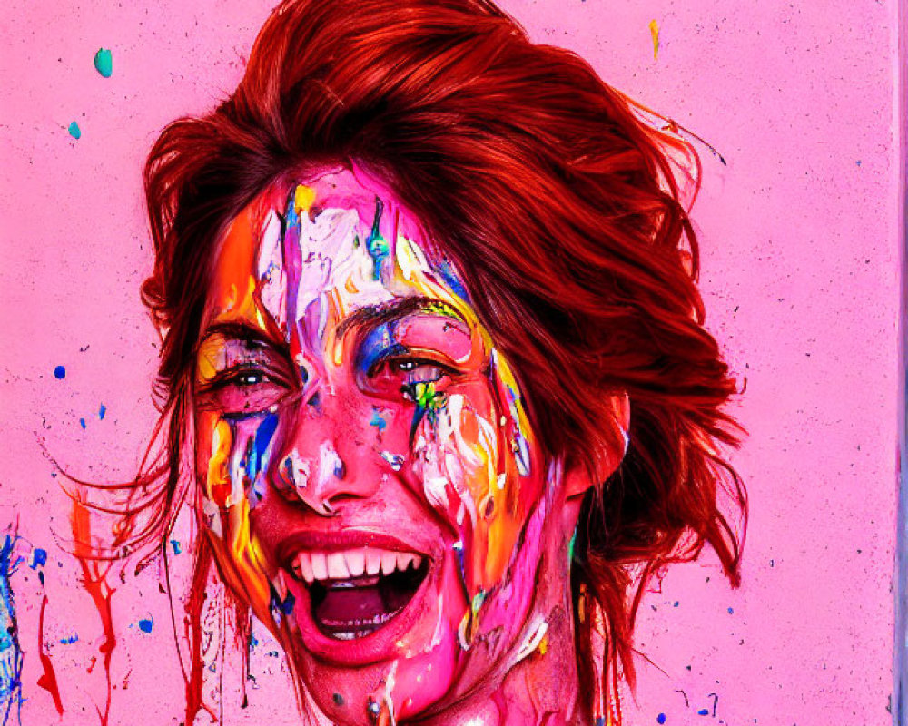 Colorful Paint Splattered Woman with Red Hair on Pink Background