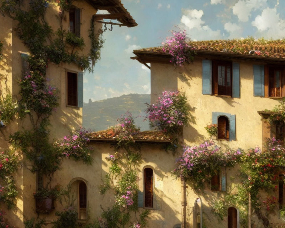 Charming stone buildings with pink flowers under sunny sky