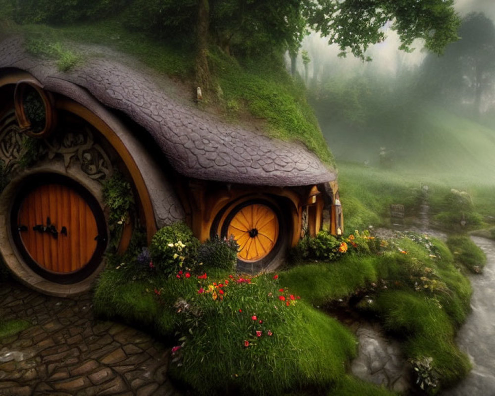 Quaint hobbit-style house in misty landscape with round doors