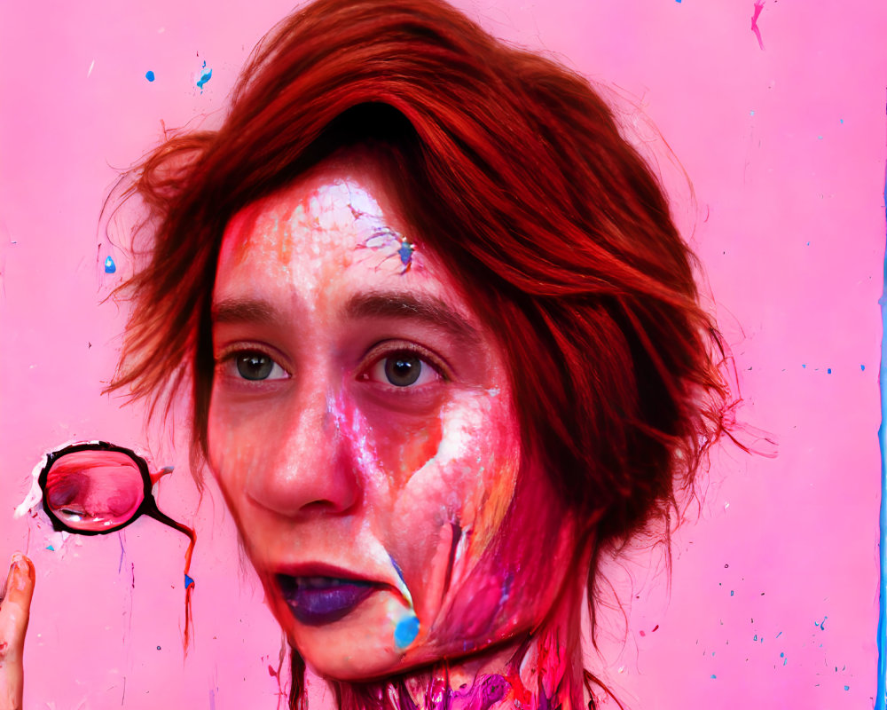 Red-haired person covered in colorful paint splashes with magnifying glass on pink background