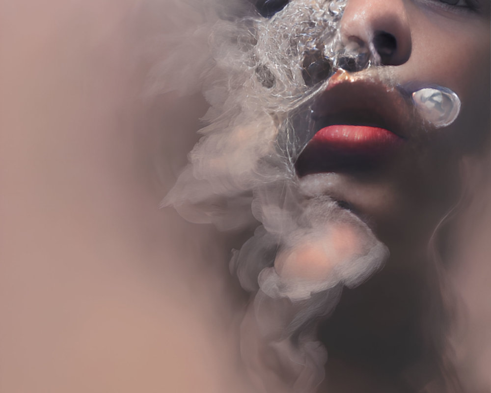 Person's face obscured by swirling smoke, clear eyes and glossy lips in focus