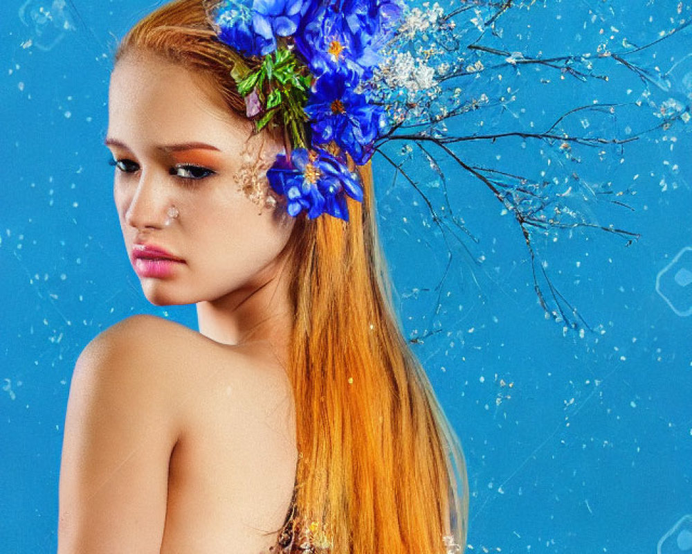 Blond woman with blue flowers and water splashes on blue background