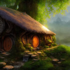 Quaint hobbit-style house in misty landscape with round doors