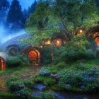 Snow-Dusted Hobbit-Style Houses in Forested Landscape