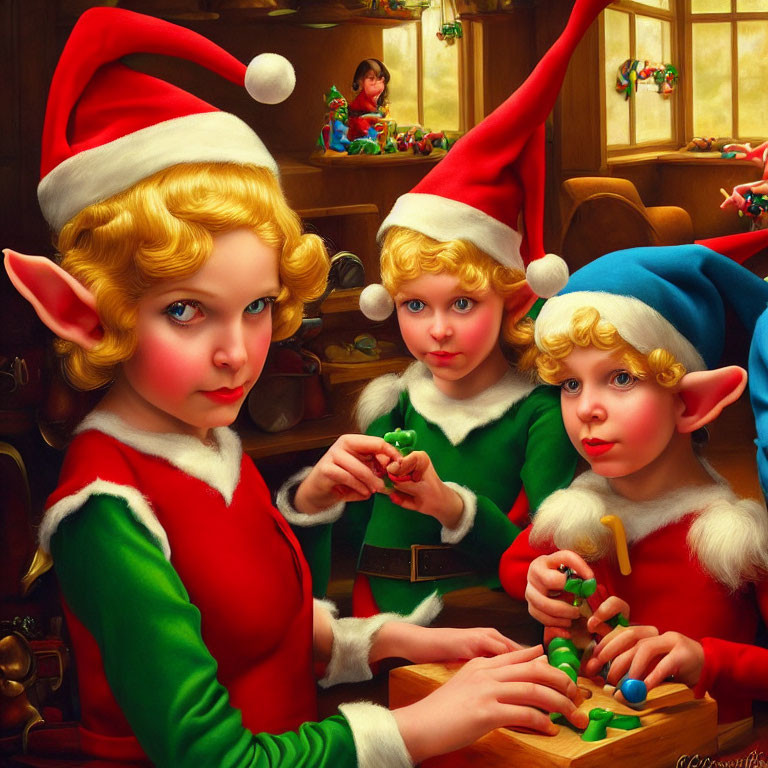 Three elves crafting toys in a workshop with shelves of toys.