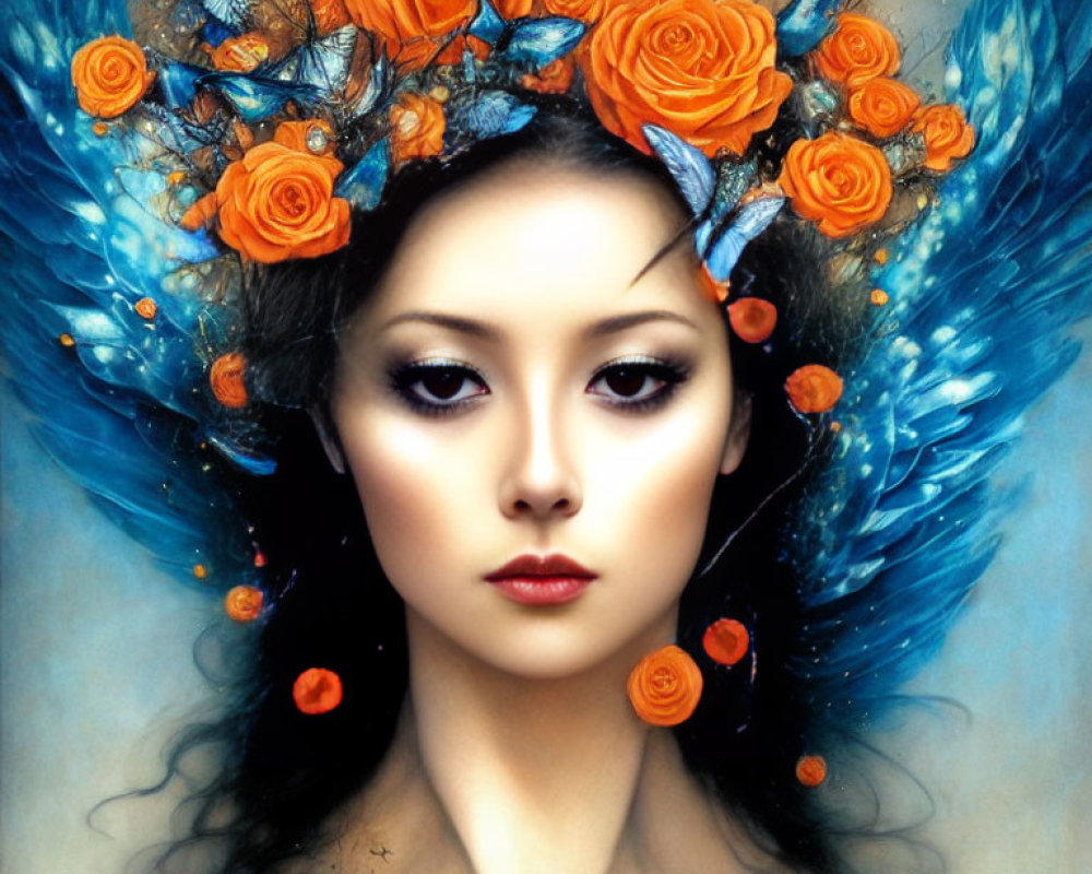 Woman with Blue Butterfly Wings and Orange Roses Painting