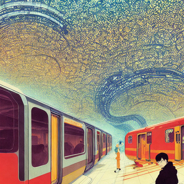Illustration of subway station with red trains, person on platform, and script vortex.