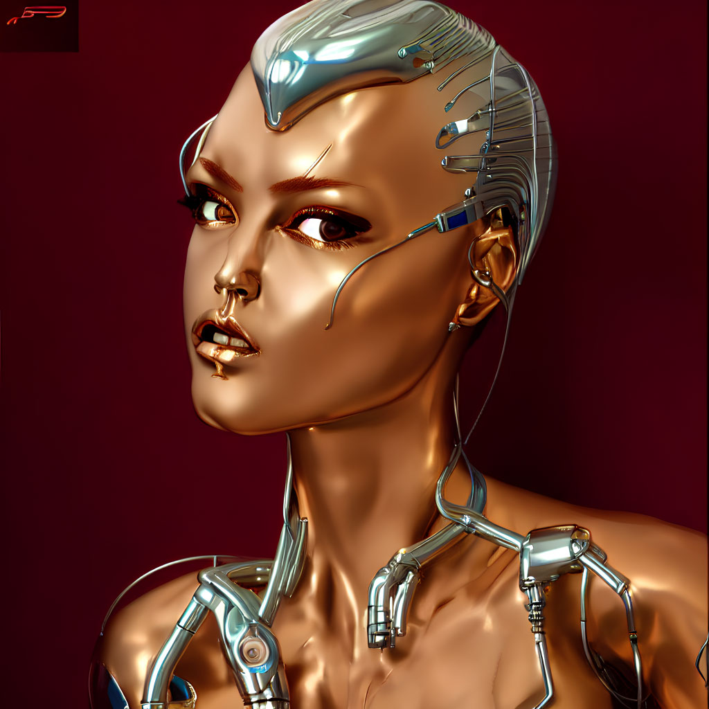 Female humanoid robot with glossy metallic skin and cybernetic enhancements on maroon backdrop