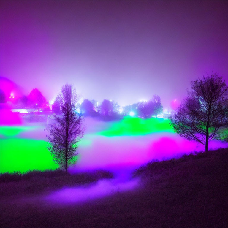 Vibrant purple and green lights illuminate foggy night landscape