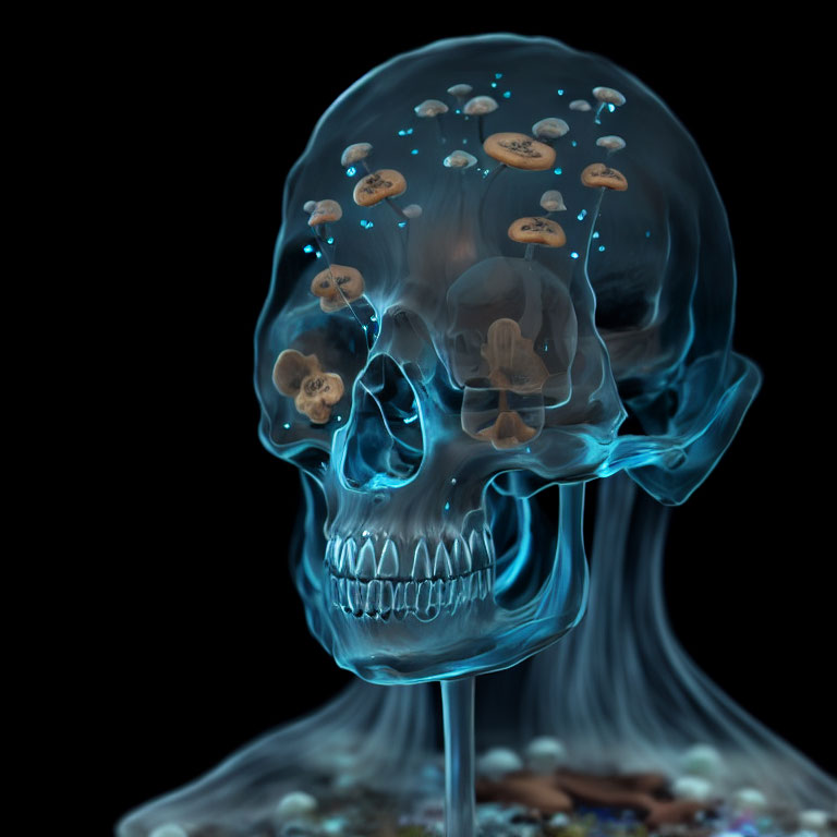 Detailed 3D rendering of human skull with transparent blue smoke and small skulls.