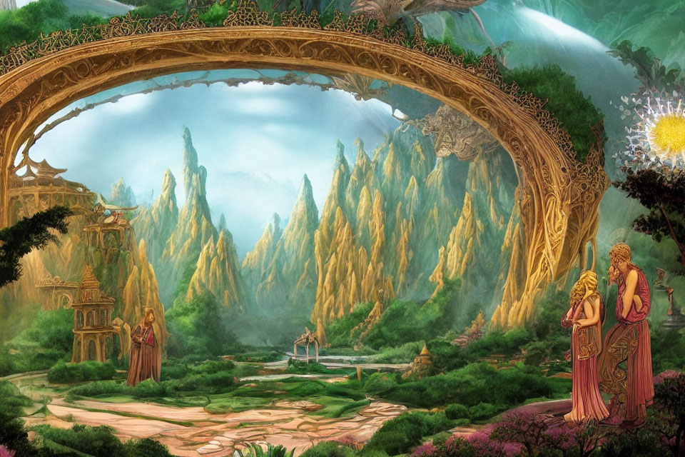 Fantasy landscape with ornate arch, radiant sun, waterfalls, and ethereal beings amid lush