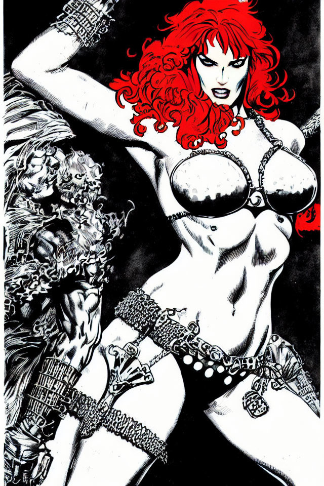 Monochrome illustration of fierce woman with red hair in metal-accented costume