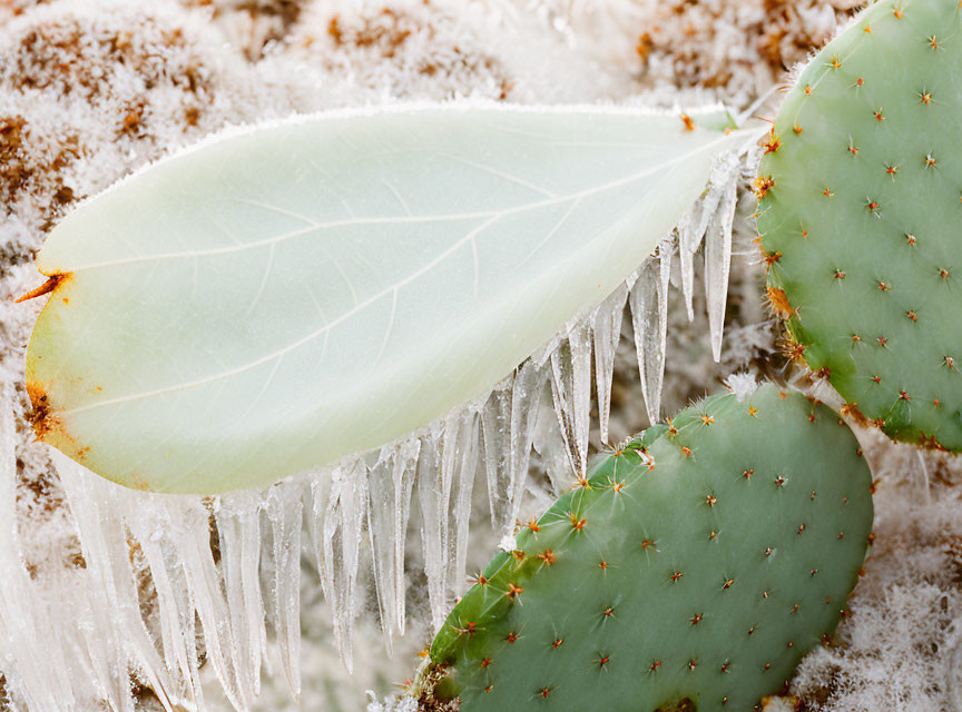 Frosted cactus leaf with sharp spines and ice crystals