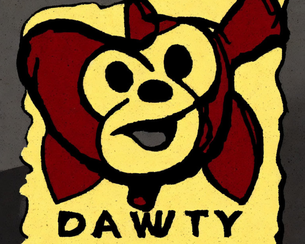 Grinning character with prominent ears and bow on yellow background with "DAWTY" text