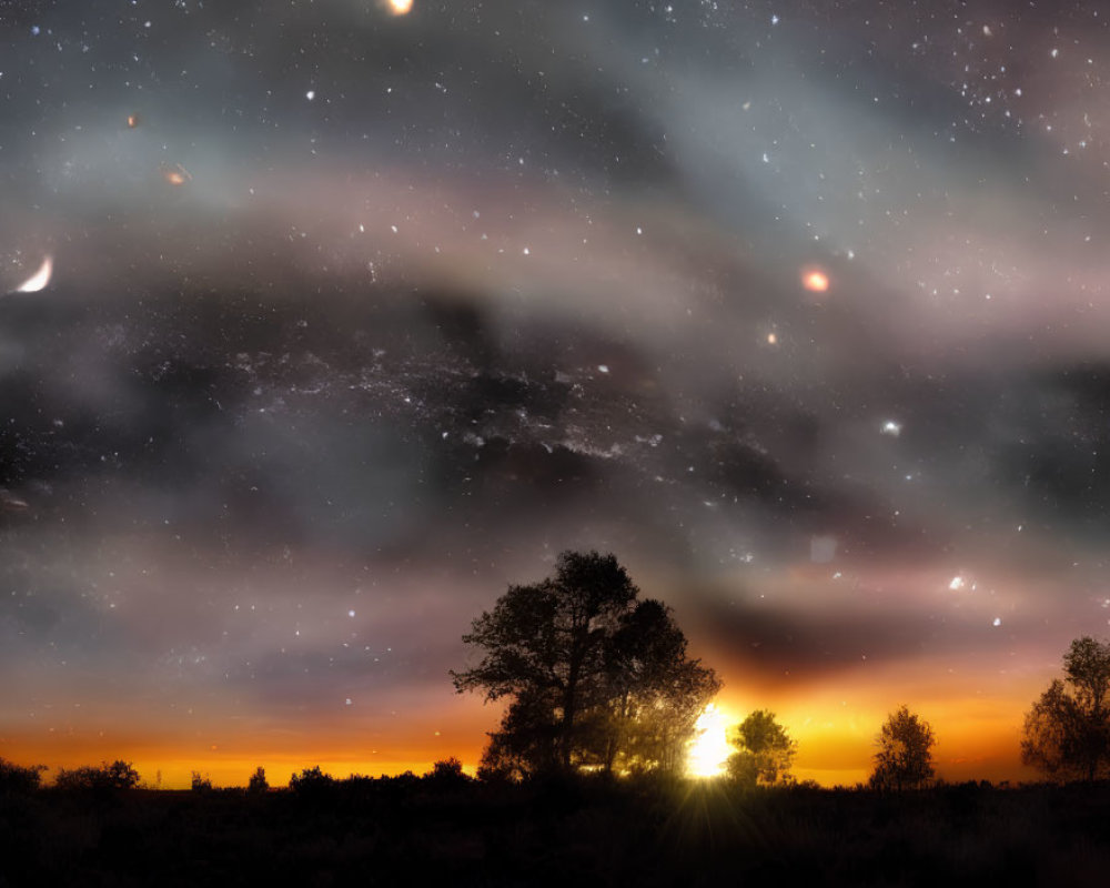 Panoramic night sky with crescent moon, stars, and sunset silhouette landscape