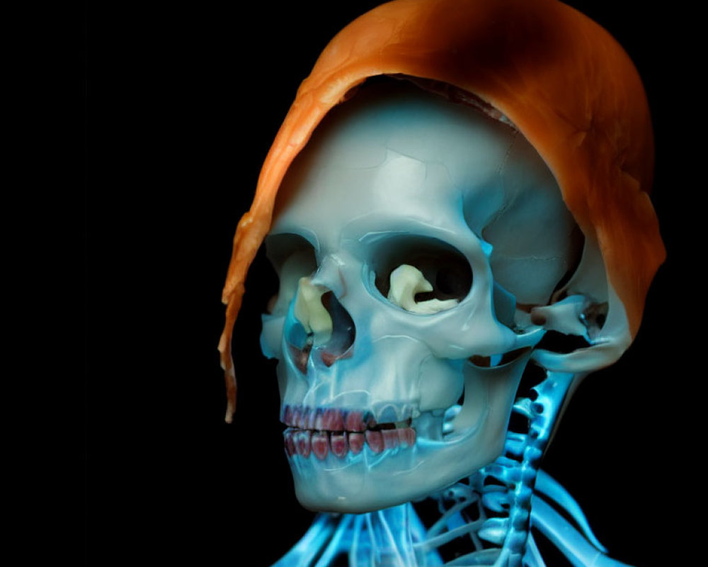 Detailed Human Skull and Upper Torso Anatomy Model on Black Background