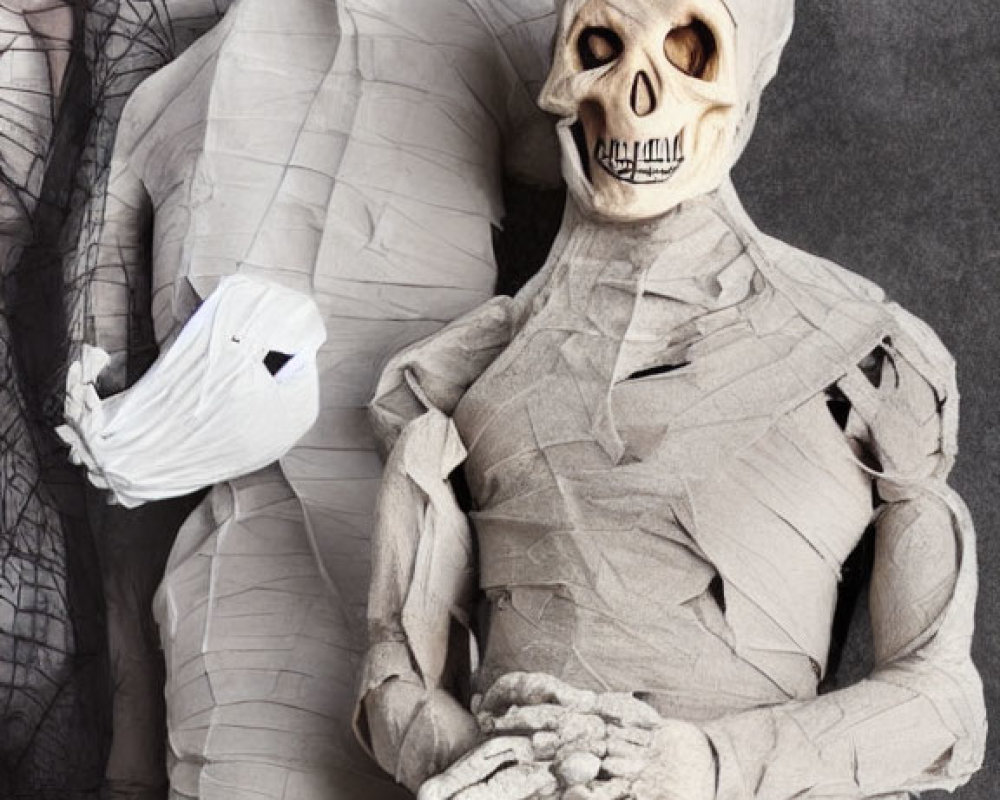 Three individuals in full-body skeleton costumes with intricate skull masks against a dark background.
