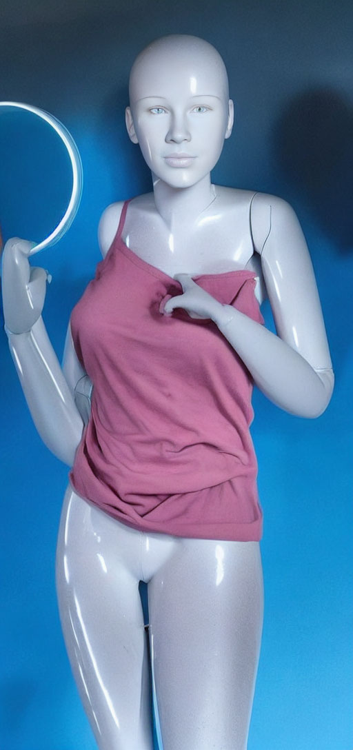 Blank-faced mannequin in pink tank top holding circular object on blue background