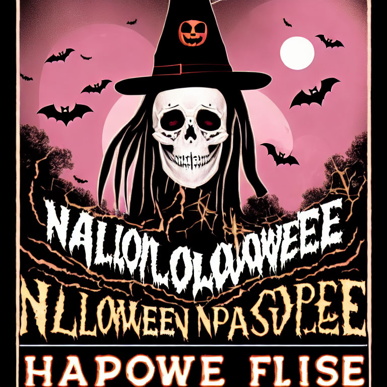 Skull with Witch Hat, Bats, Moon, and Festive Text in Halloween Image