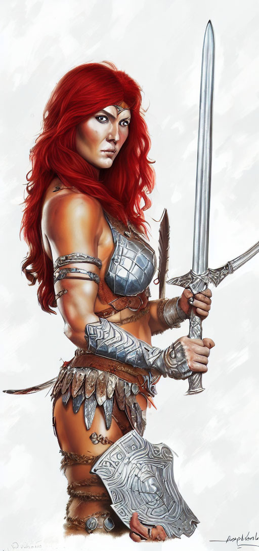 Fantasy warrior with red hair in armor wields sword and shield