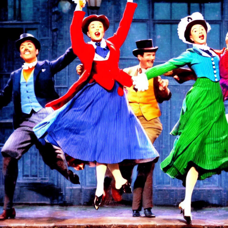 Four people joyfully dancing in colorful period costumes on vintage urban stage