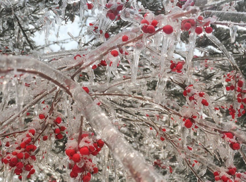 Winter berries encased in ice on a Youpon Holly 
