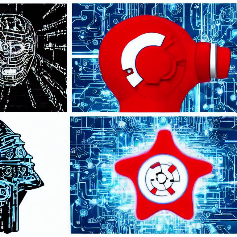 Cyber and tech-themed collage with boxing glove, magnet, and fidget spinner on digital circuit backgrounds