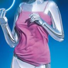 Blank-faced mannequin in pink tank top holding circular object on blue background