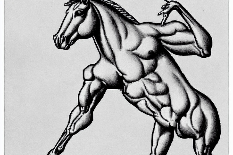 Detailed graphite sketch of muscular horse in motion with shading and anatomical focus