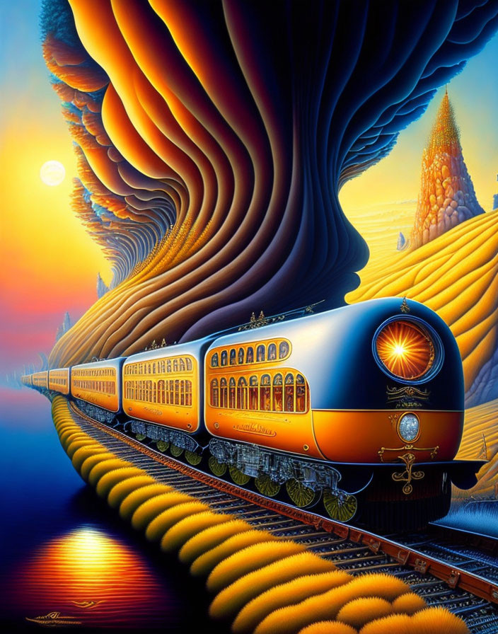 Surrealist painting: Blue train on tracks in fantastical landscape